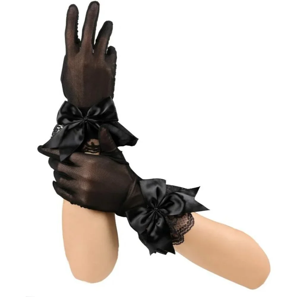 Women's Black Bow Lace Elegant Wrist Gloves Ruffle Bridal Wedding Party Prom